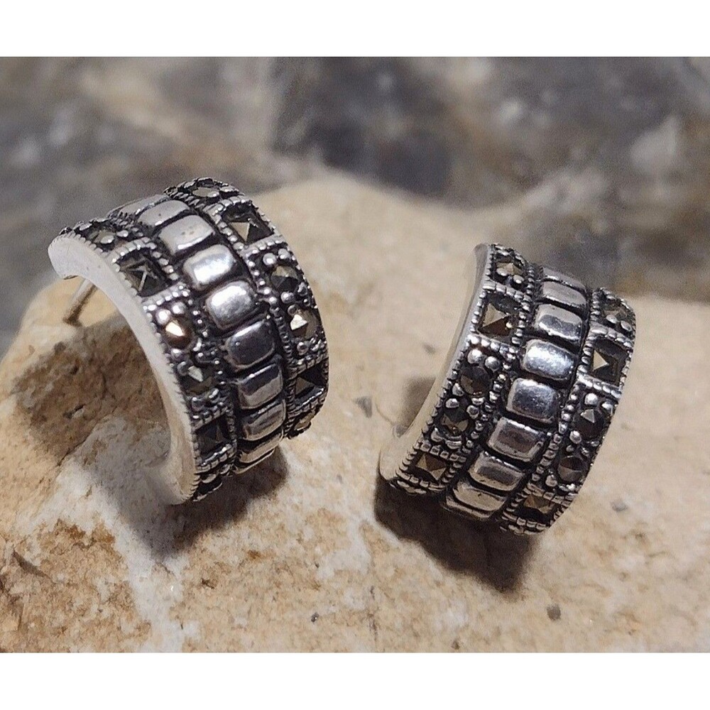 Vintage Sterling Silver Marcasite Small Huggie Hoop Earrings